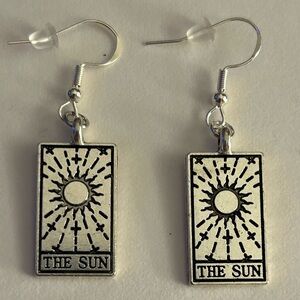 NWOT earrings Tarot Card “The Sun” etched cards, Silvertone metal, pierced hook